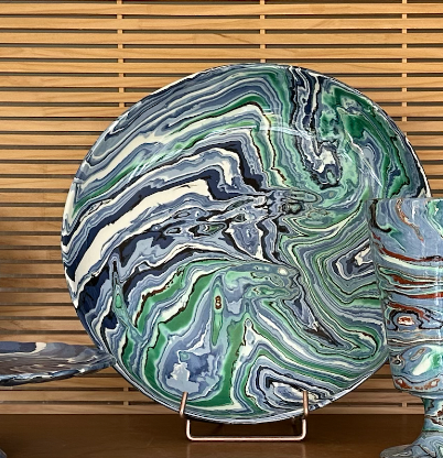 Marbled Blue/Green Large Fruit Bowl