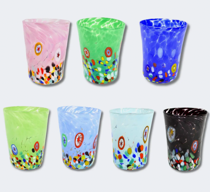 Murano Glass Tumblers, Millefiori Accents, Multi Colors