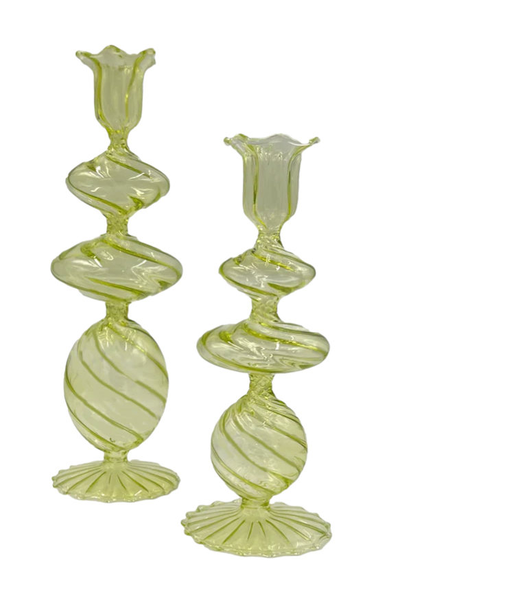 Green Swirl Glass Candlestick, Large