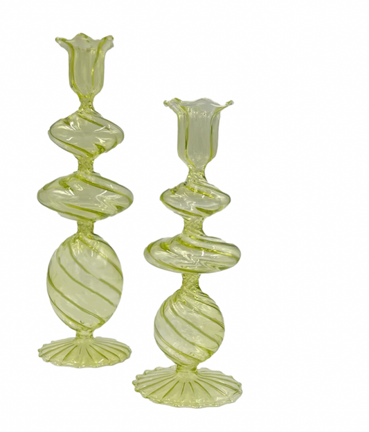 Green Swirl Glass Candlestick, Medium