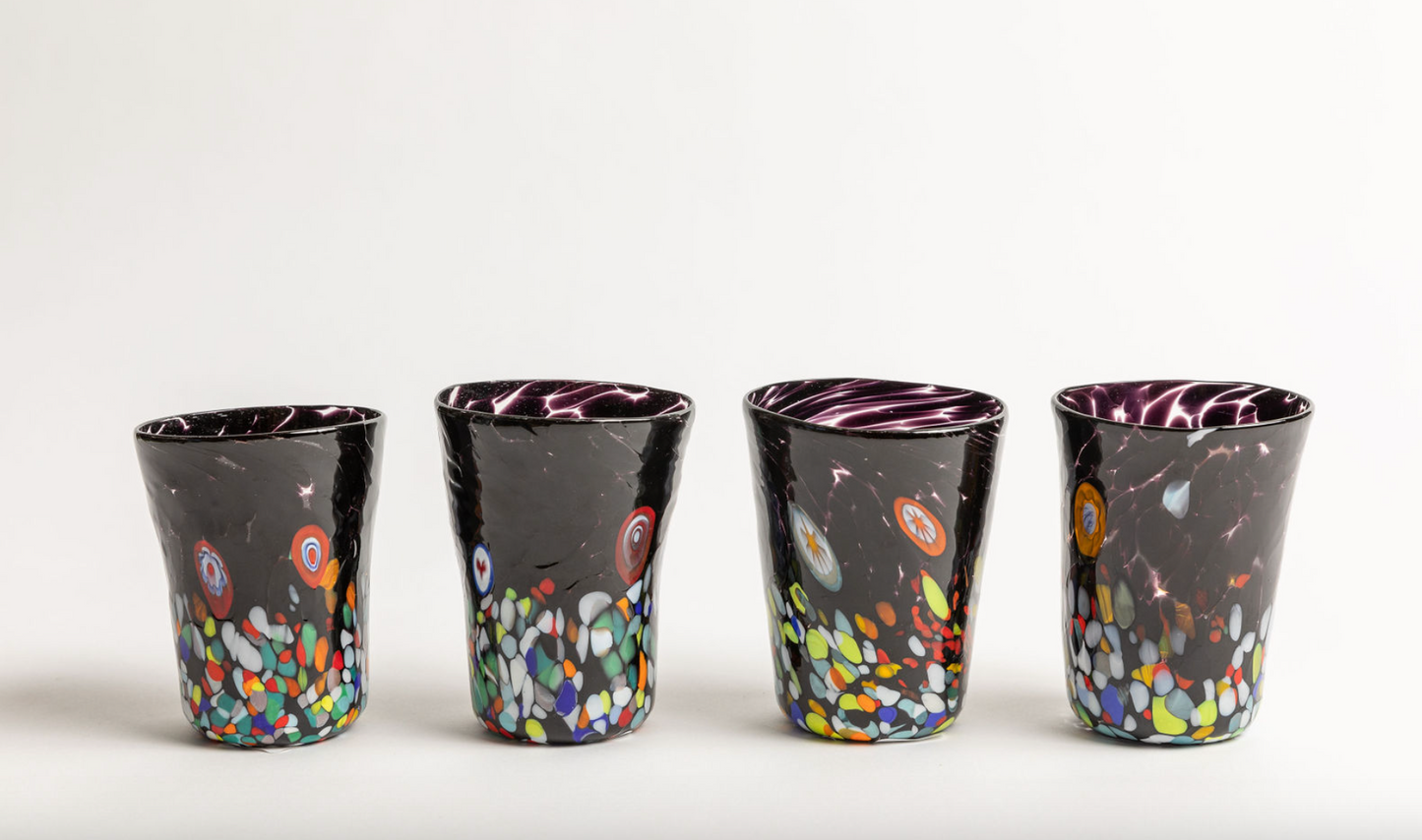 Murano Glass Tumblers, Millefiori Accents, Multi Colors