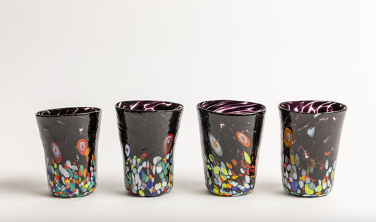 Murano Glass Tumblers, Millefiori Accents, Multi Colors